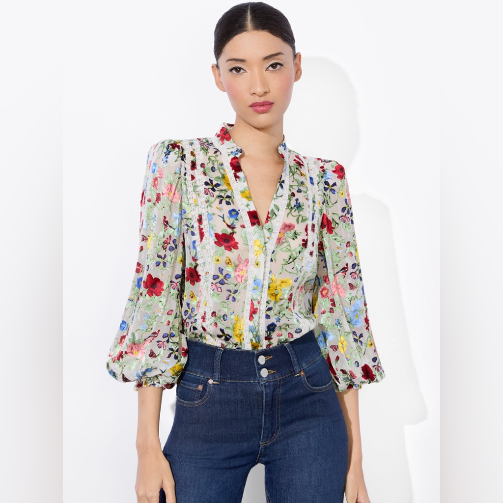 Nwt Alice + Olivia Arlette Floral Blouson-Sleeve Blouse